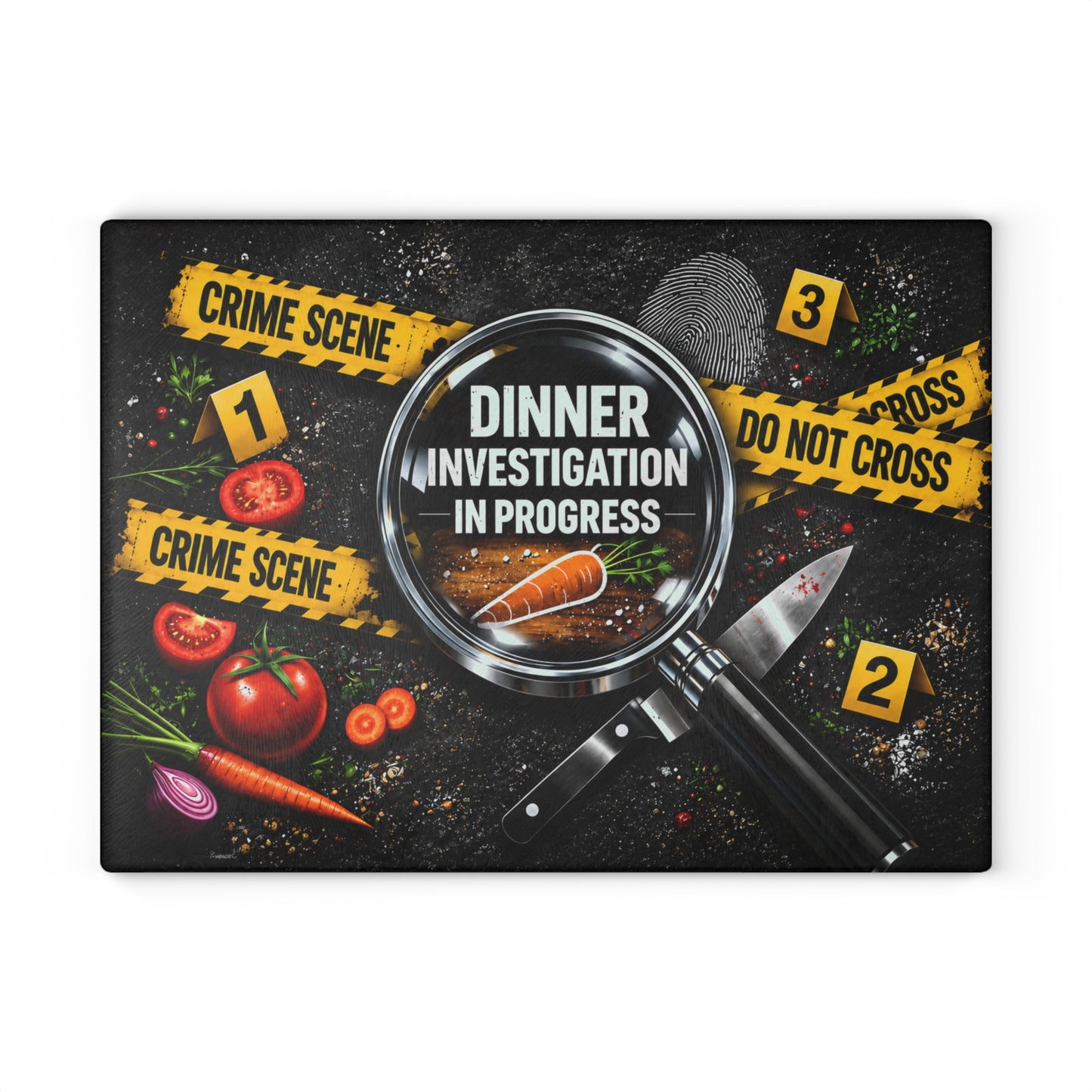 Dinner Investigation in Progress Glass Cutting Board – Funny Crime Scene Kitchen Decor