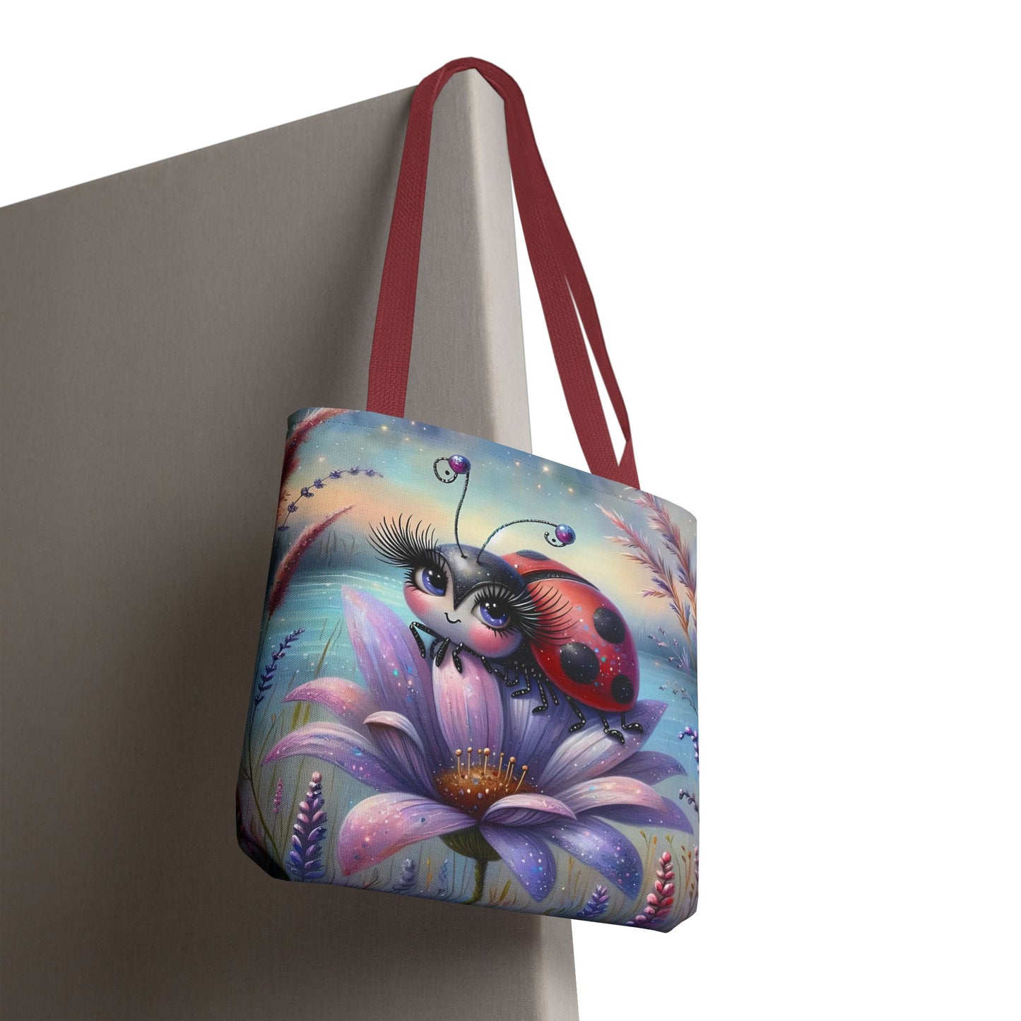 🐞 Mariquita sobre una flor junto al lago – Bolsa de tela inspirada en la naturaleza