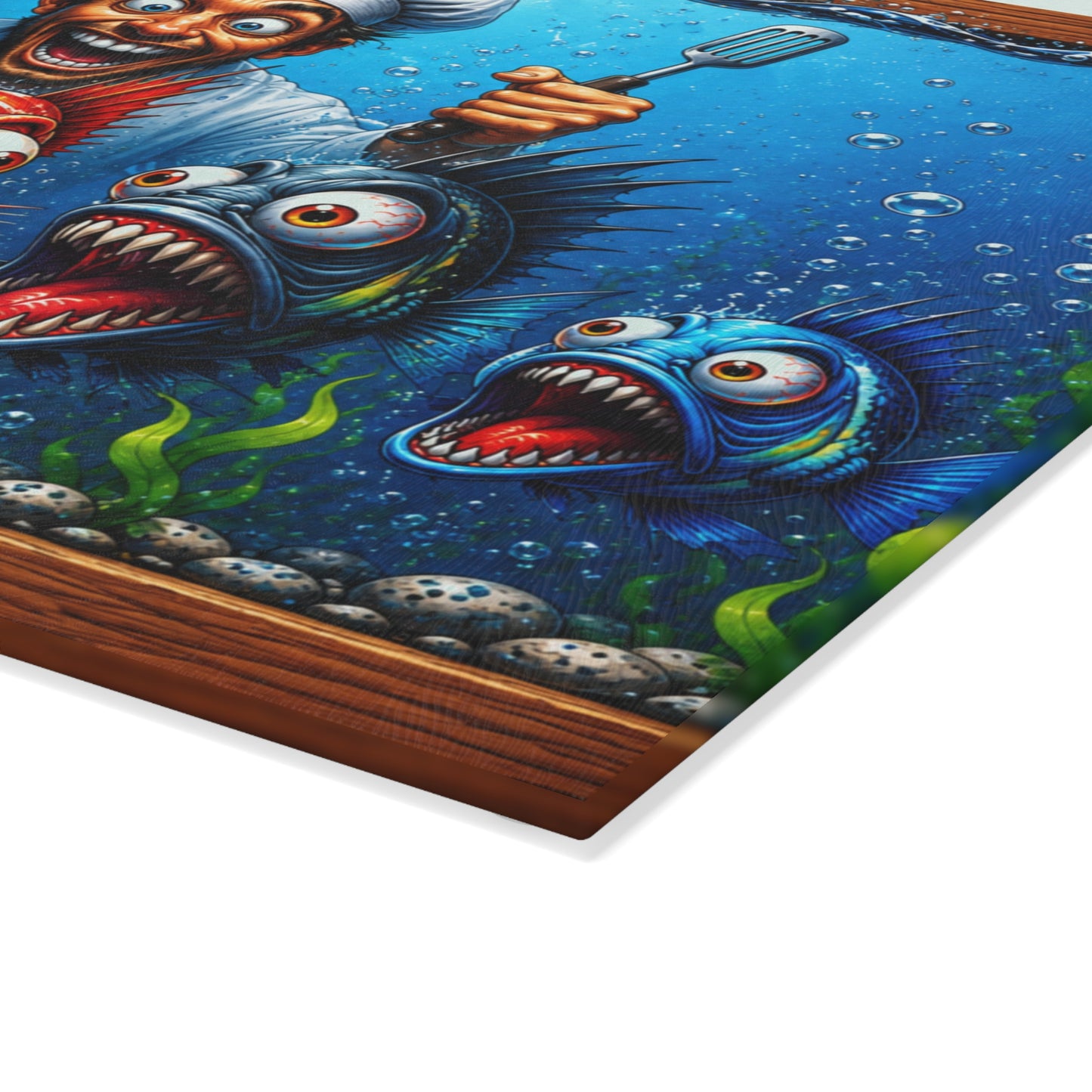 Kitchen Chaos: Fish & Chef Glass Cutting Board – Funny Aquarium Kitchen Décor