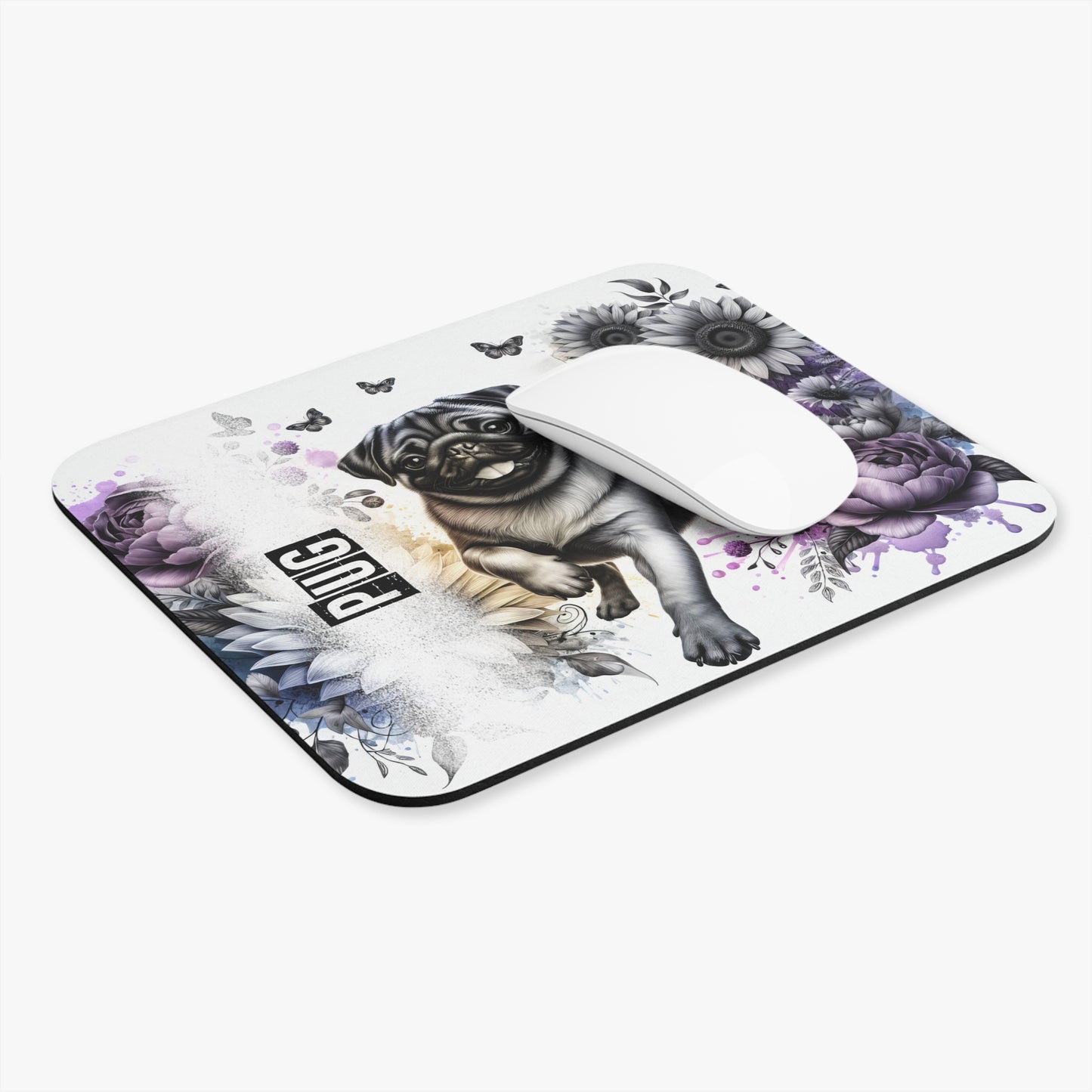 🖱️🐾🖤 Pug Mouse Pad – Playful Pug with Monochrome Florals & Purple Accents