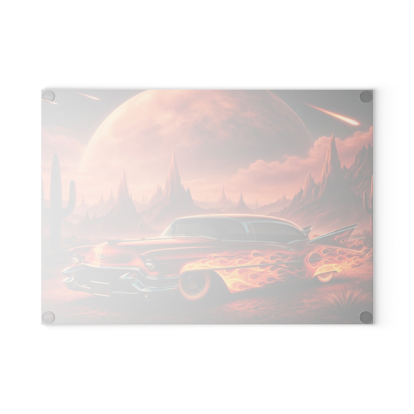 Inferno Desert Drive Glass Cutting Board – Flaming Classic Car Under Cosmic Desert Moon