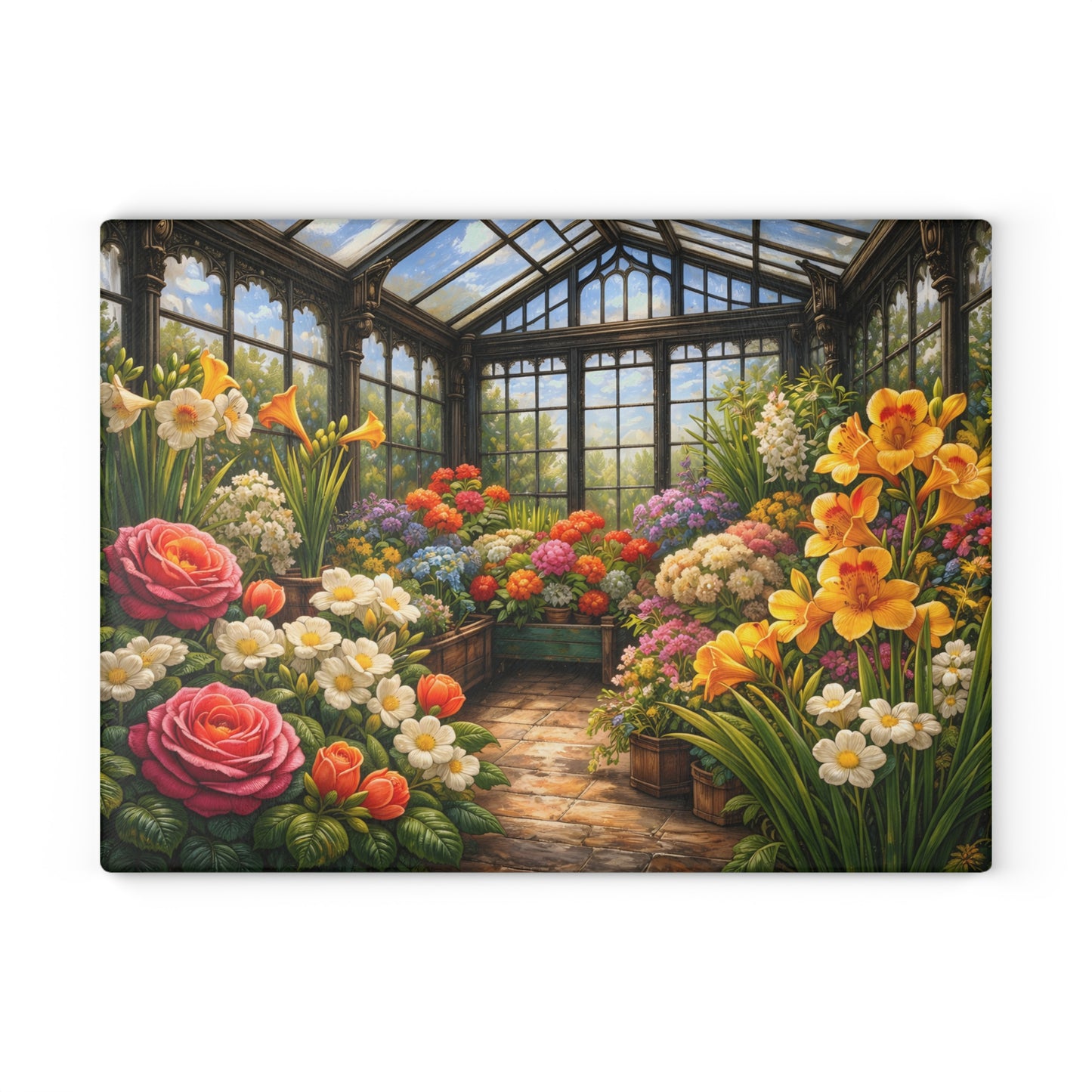Sunlit Garden Conservatory Glass Cutting Board – Floral Greenhouse Kitchen Décor