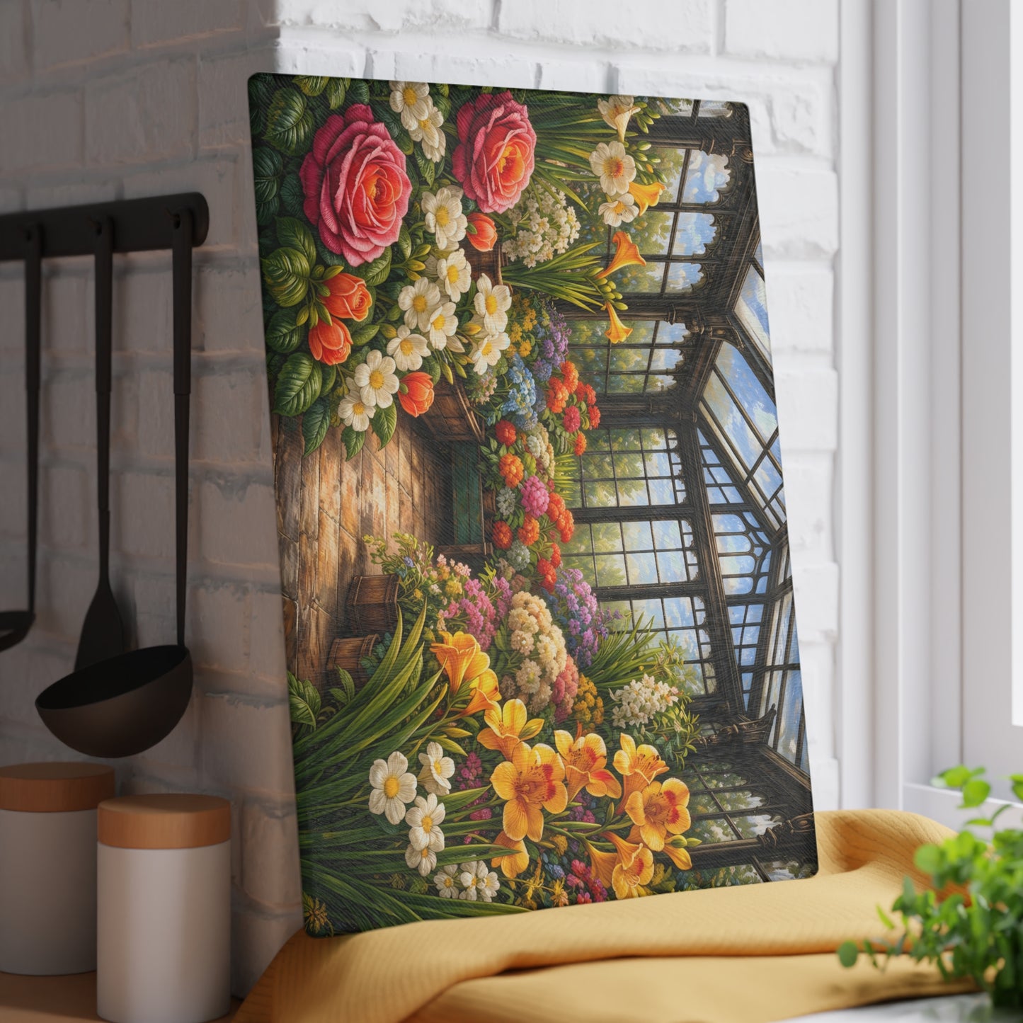 Sunlit Garden Conservatory Glass Cutting Board – Floral Greenhouse Kitchen Décor