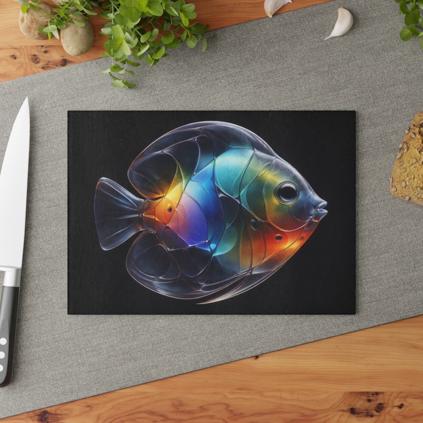 Rainbow Glow Glass Cutting Board – Stunning Discus Fish Artwork