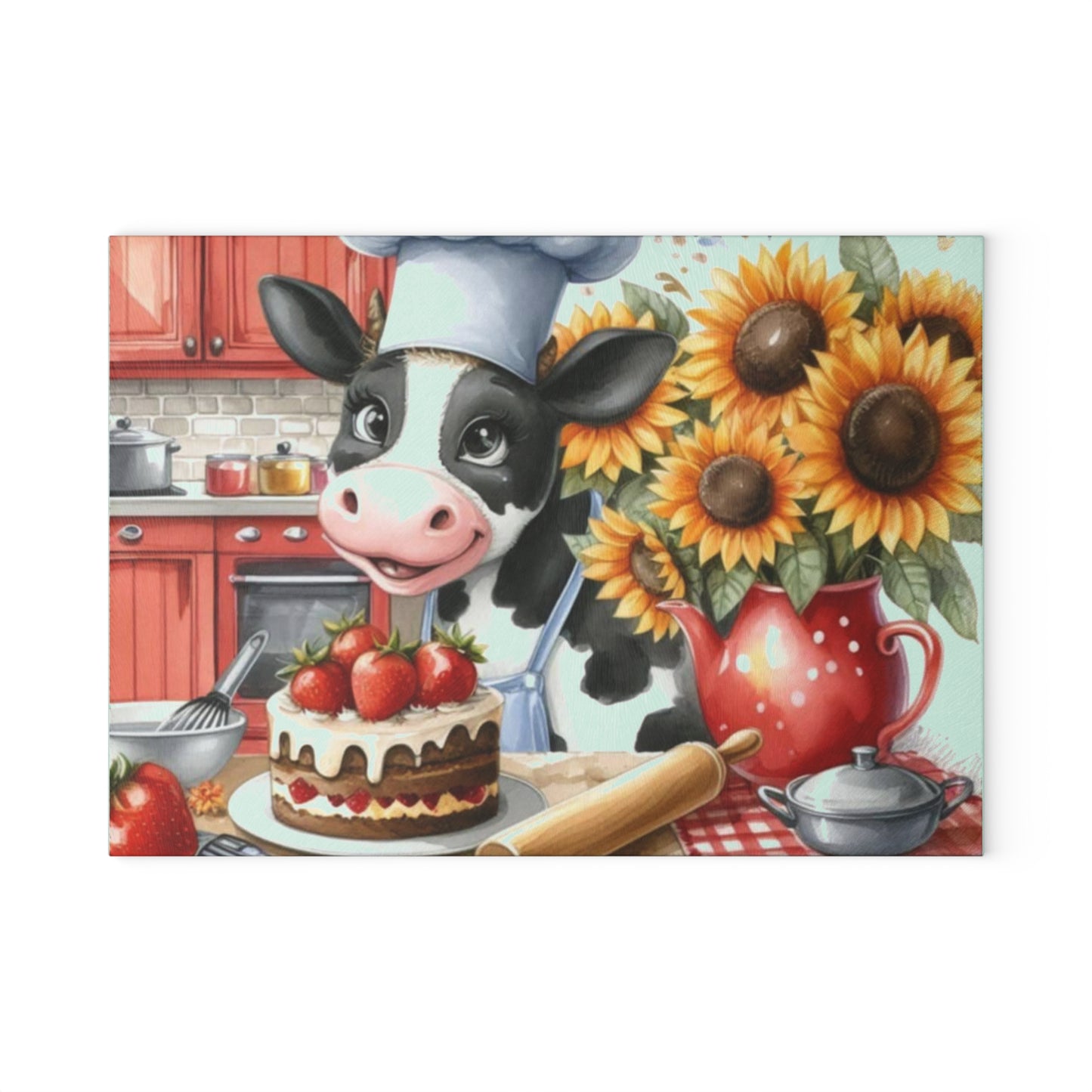 🐄 Baking Cow with Strawberries & Sunflowers Cutting Board – Whimsical Farmhouse Kitchen Fun 🍓🌻