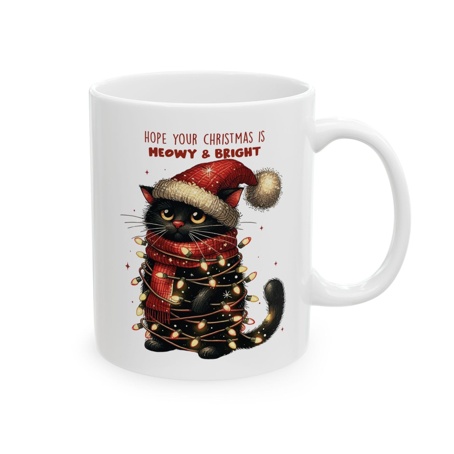 🐾🎄 Meowy & Bright Cat Christmas Mug – Festive Black Cat with Lights & Sass 🎅✨