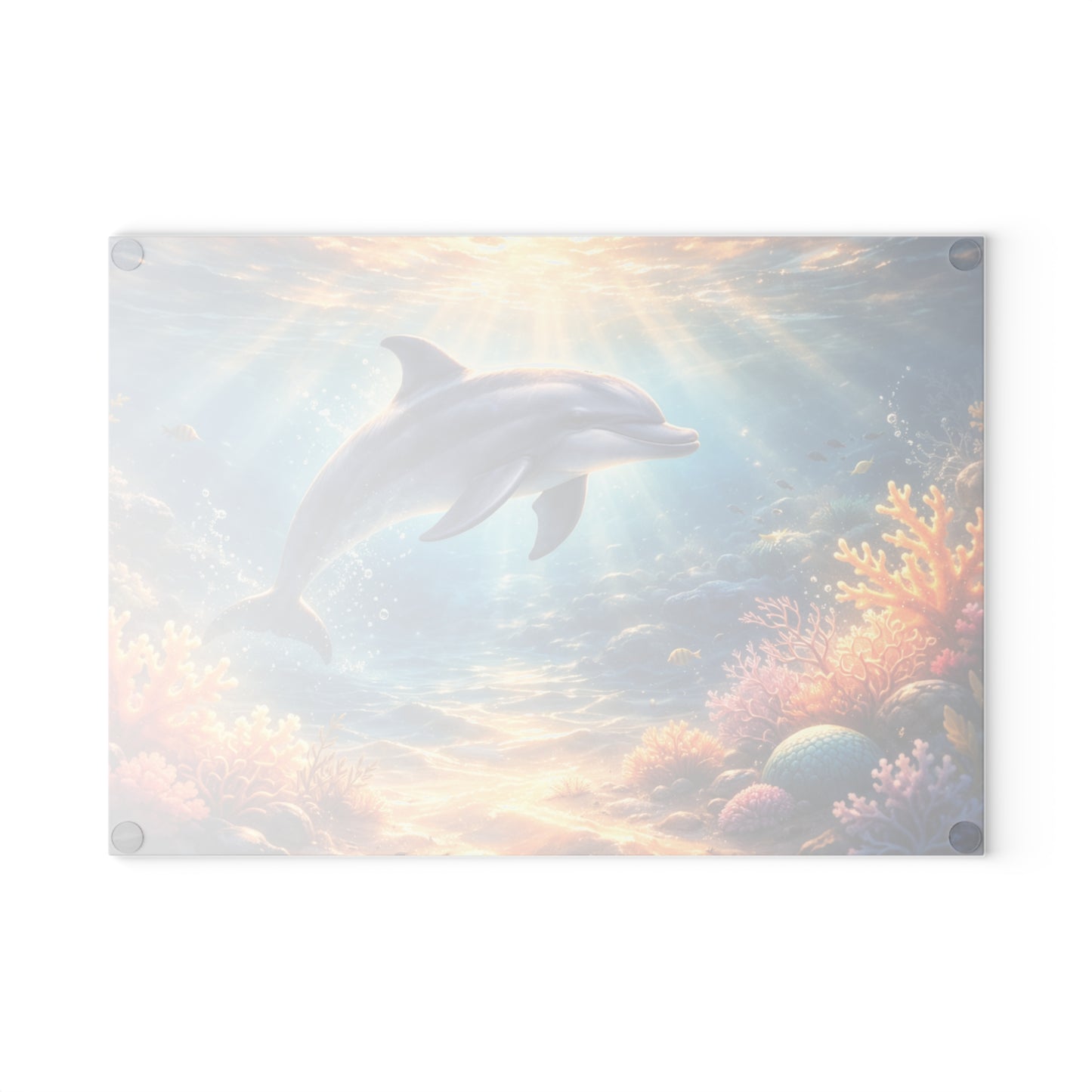 Sunlit Dolphin Glass Cutting Board – Serene Ocean Reef Artwork