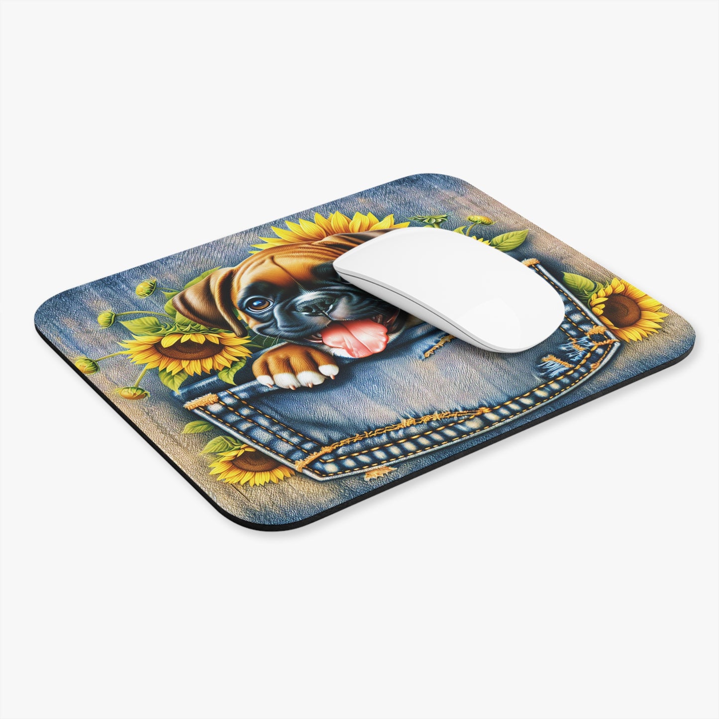 🖱️🐶🌻 Denim Pocket Puppy Mouse Pad – Cute Boxer Pup with Sunflowers