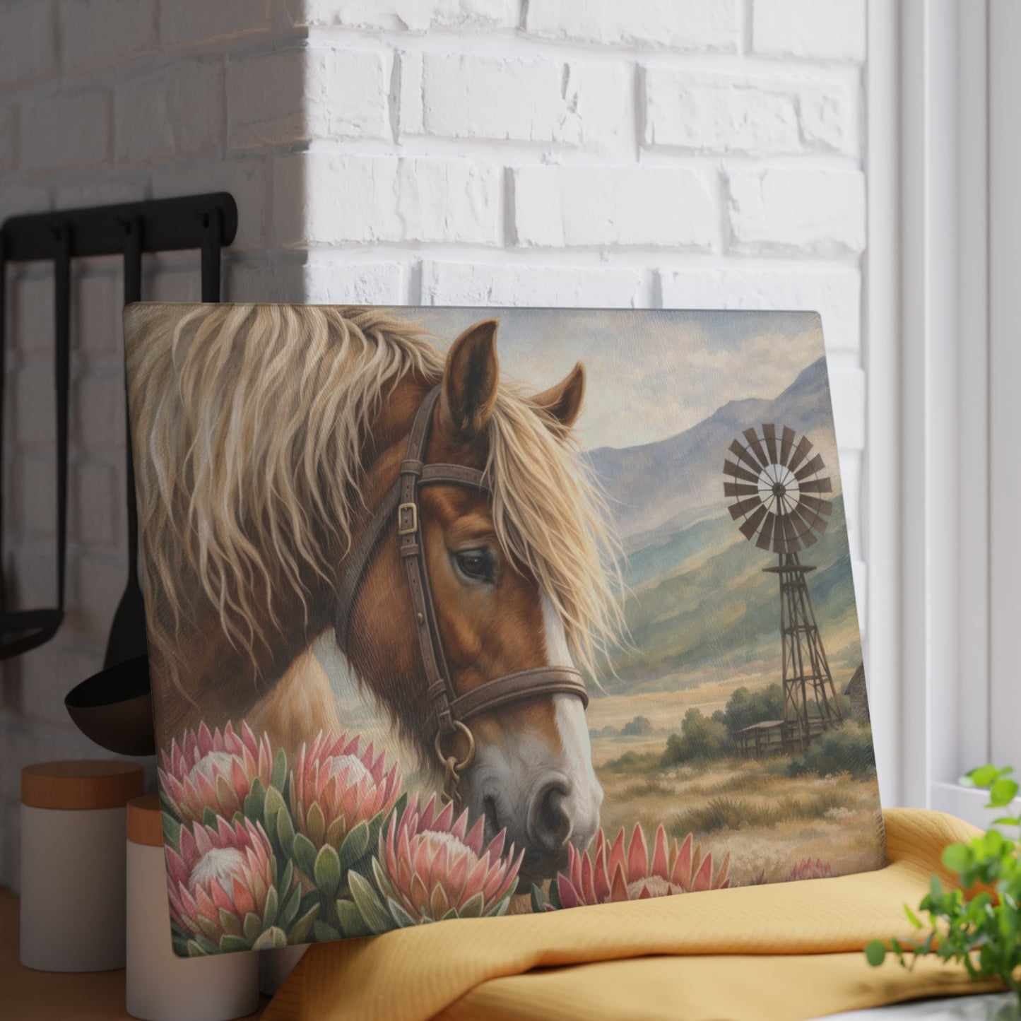 Western Horse and Windmill Glass Cutting Board – Rustic Farmhouse Country Kitchen Decor