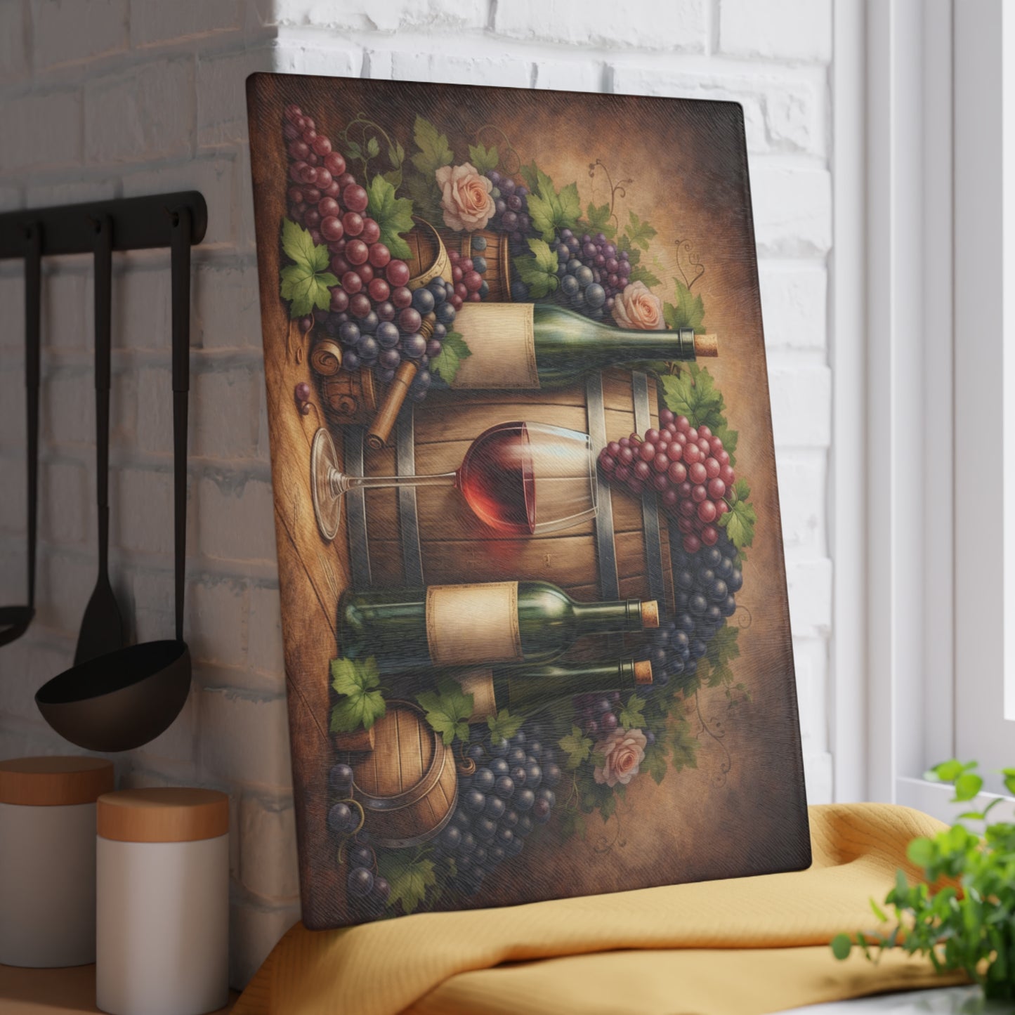 Vintage Vineyard Still Life Glass Cutting Board – Rustic Wine Cellar Artwork for Kitchen Display