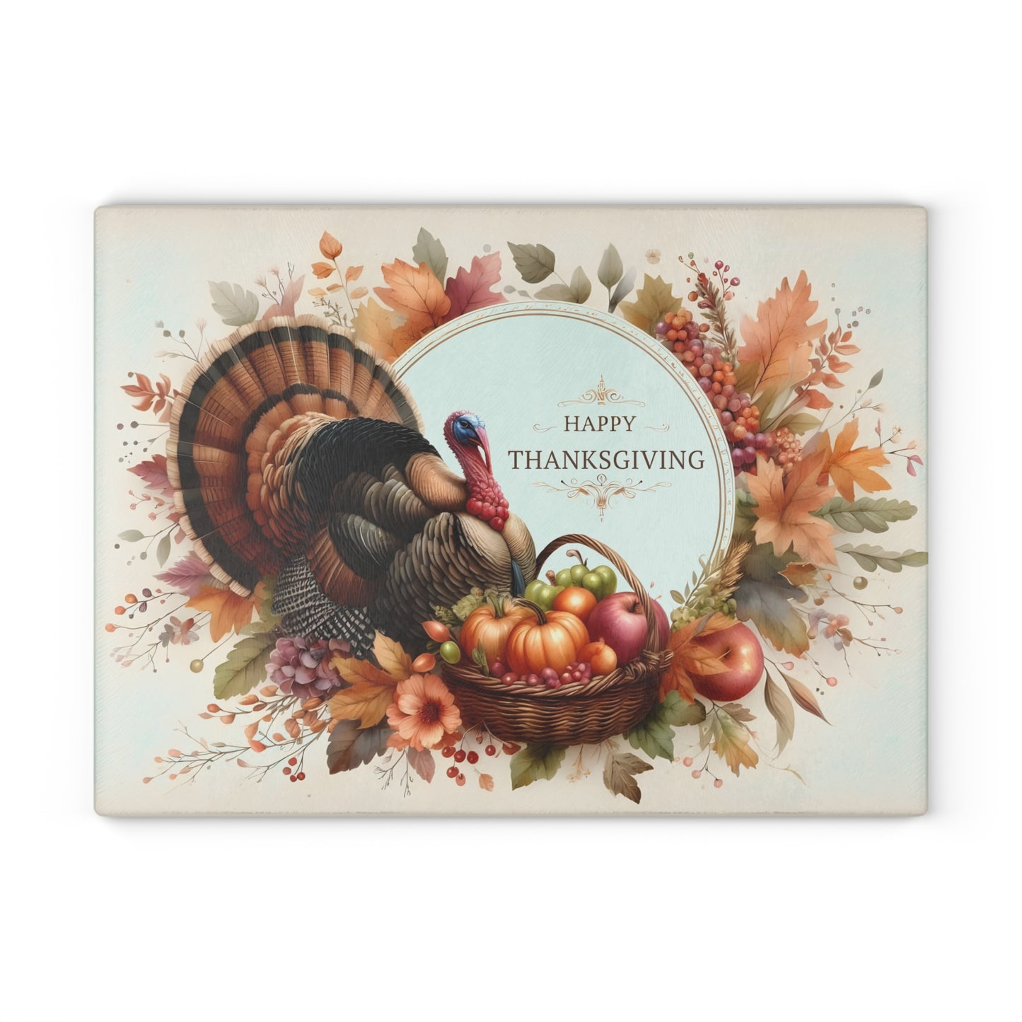 🦃🍁 “Happy Thanksgiving” Turkey & Harvest Basket Glass Cutting Board – Elegant Fall Décor ✨🌾