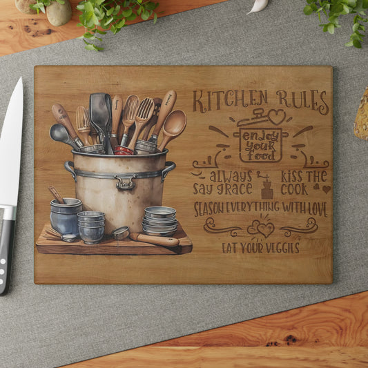 Rustic "Kitchen Rules" Glass Cutting Board – Farmhouse Kitchen Décor