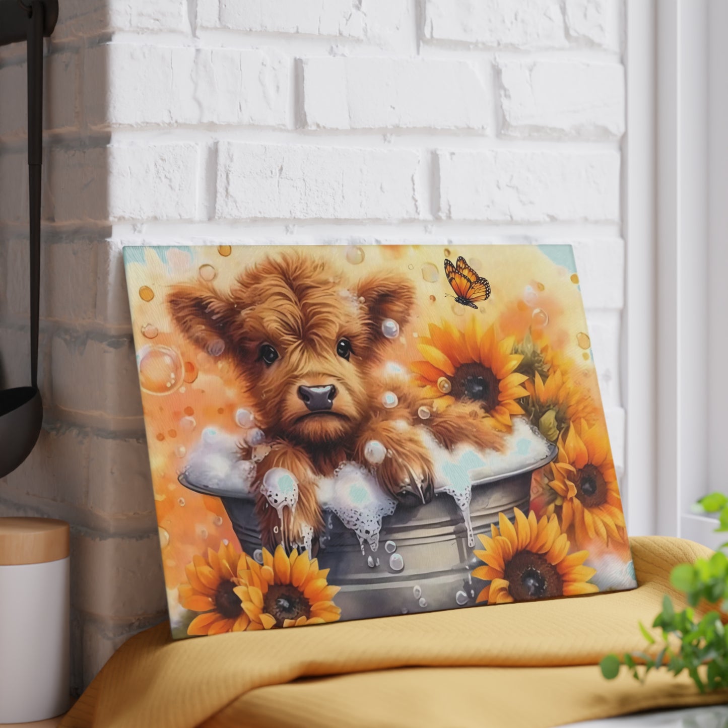 🐮🌻 Highland Calf Bubble Bath Cutting Board – Farmhouse Fun with a Sunny Twist