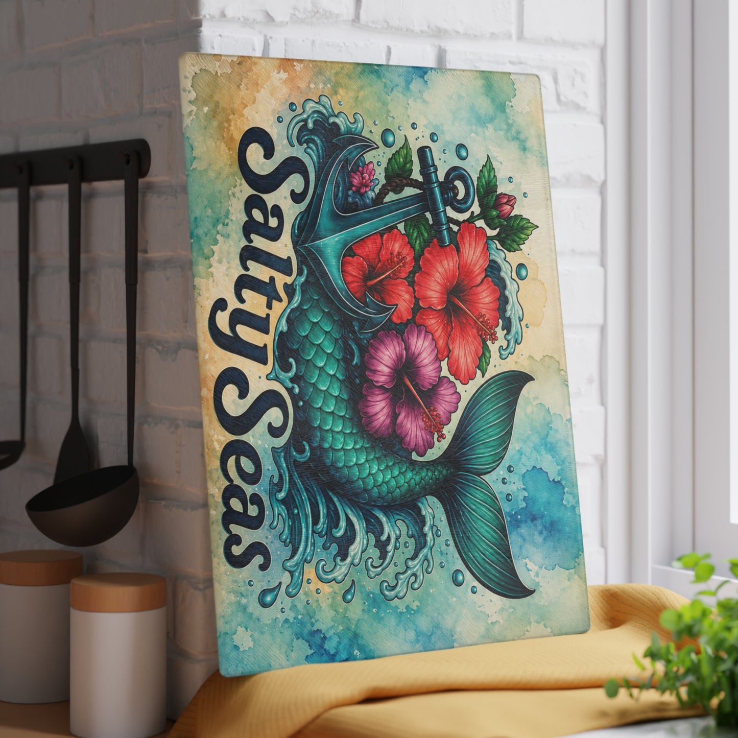 Salty Seas Mermaid Tail Glass Cutting Board – Coastal Beach Kitchen Decor with Anchor & Tropical Flowers