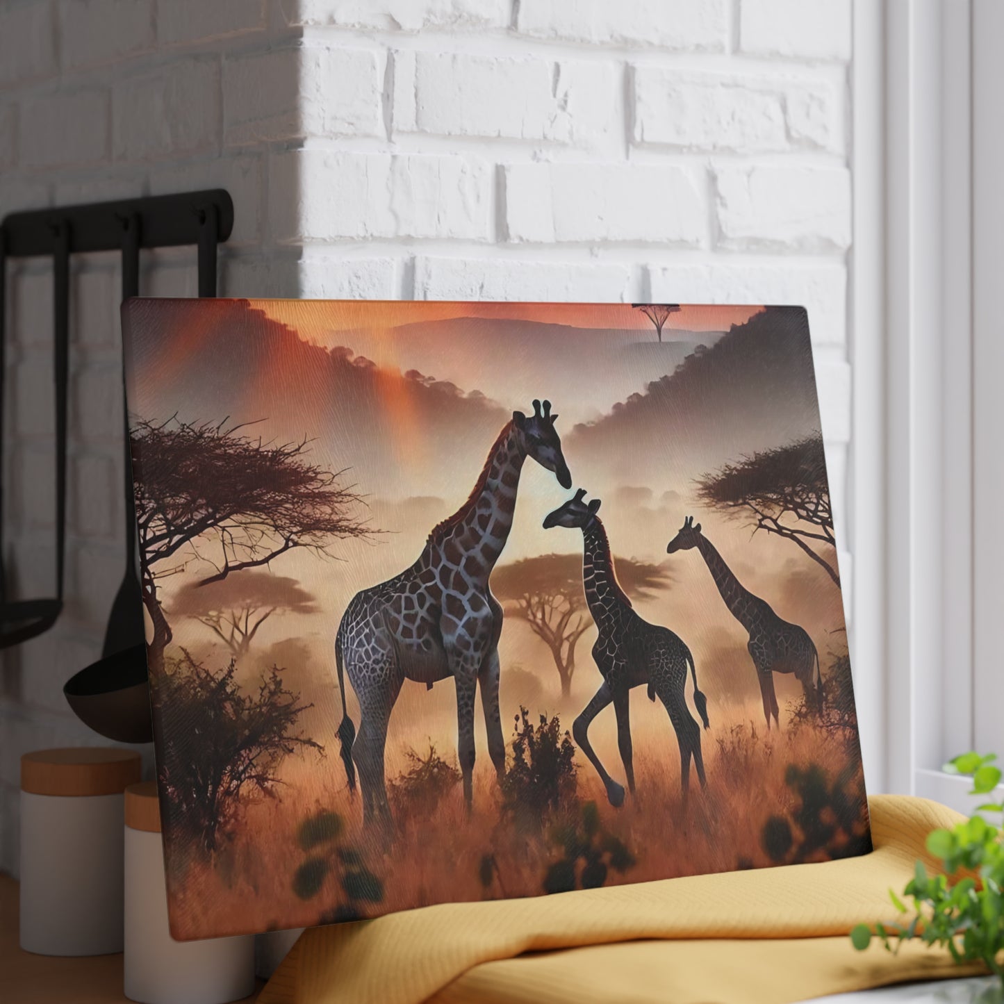 Tabla de cortar de vidrio con diseño de jirafa al atardecer, decoración de cocina, regalo de inauguración de la casa, regalo para amantes de los animales, regalo personalizado de vidrio templado, tabla de charcutería