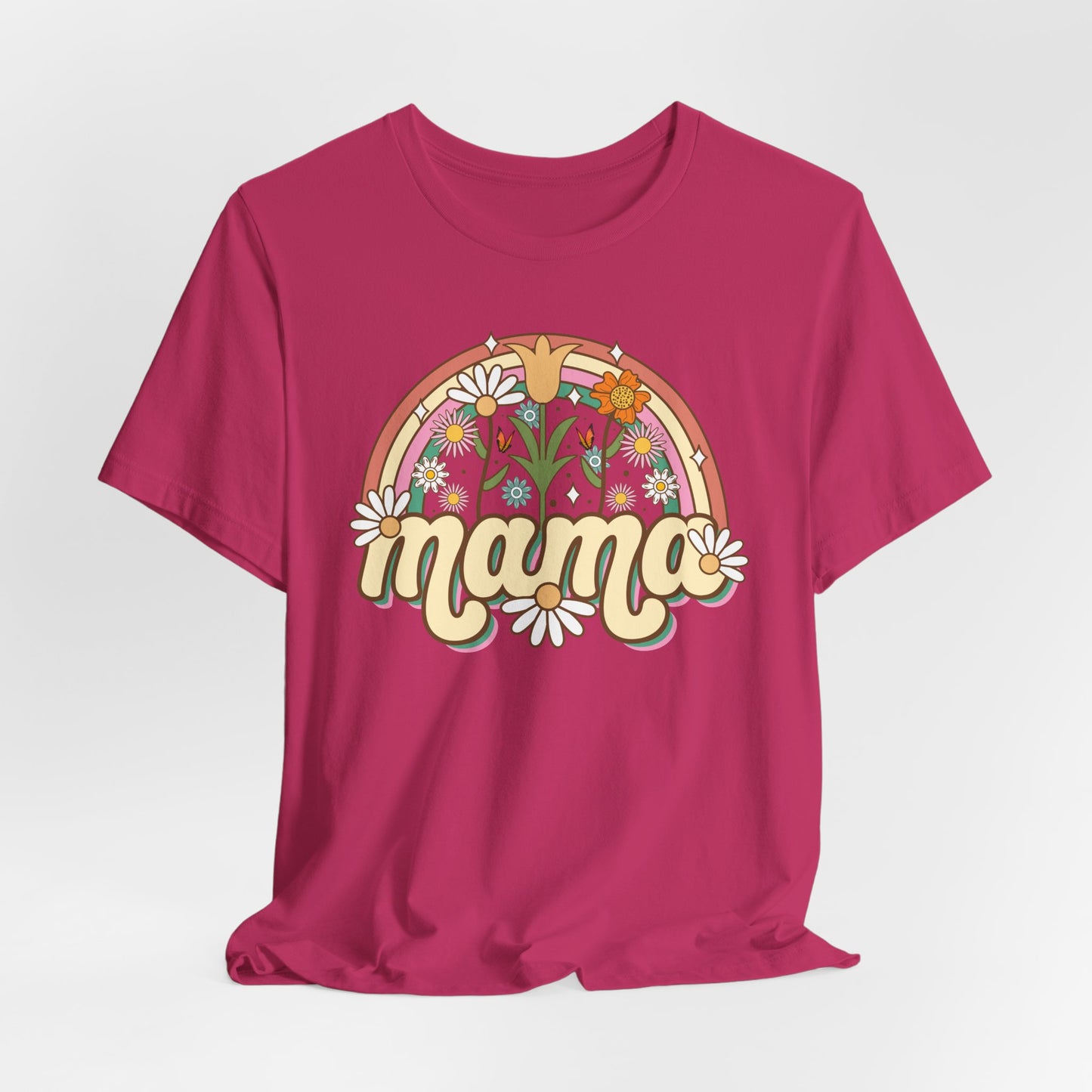 🌼🌈 Retro Floral Mama T-Shirt – Boho Rainbow Graphic Tee for Moms 🌻✨