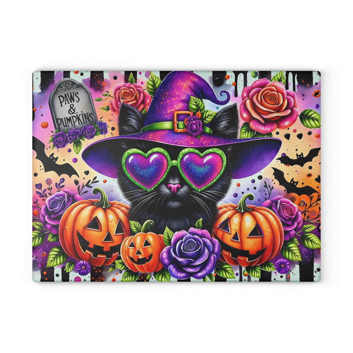 🐾🎃 Paws & Pumpkins Halloween Cat Cutting Board – Spooky Glam with Witchy Charm 🦇🌹