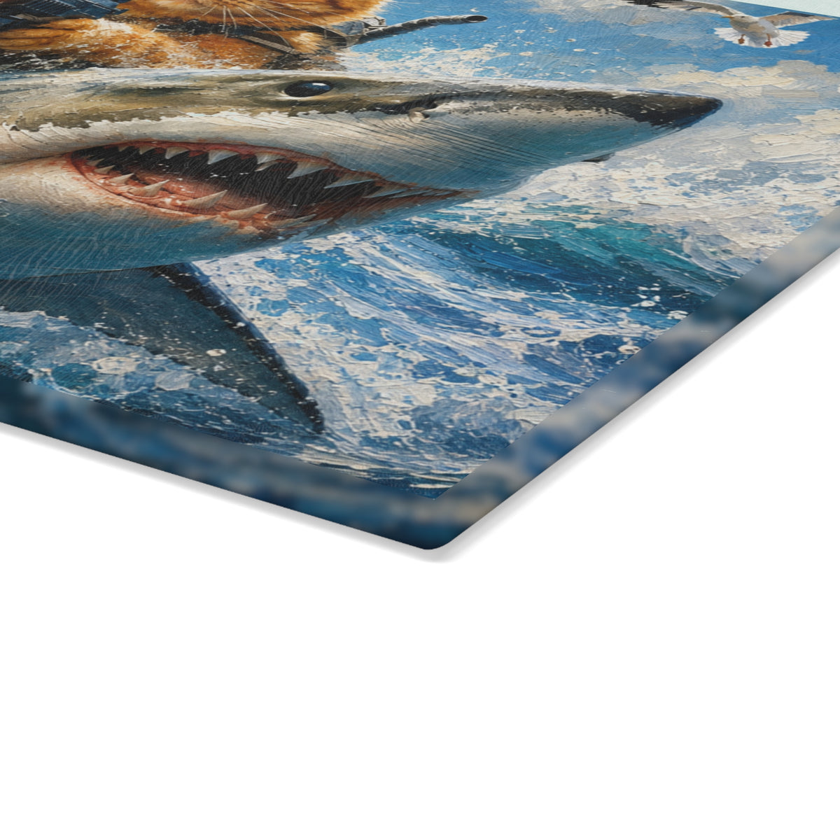 Fearless Cat & Shark Adventure Tempered Glass Cutting Board