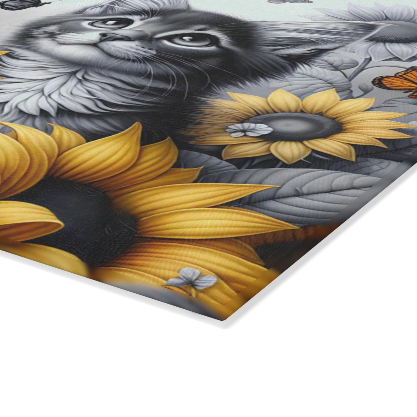 🐾🌻 Kitten & Sunflowers Cutting Board – Whimsical Rustic Farmhouse Charm with Butterflies ✨🐈🦋
