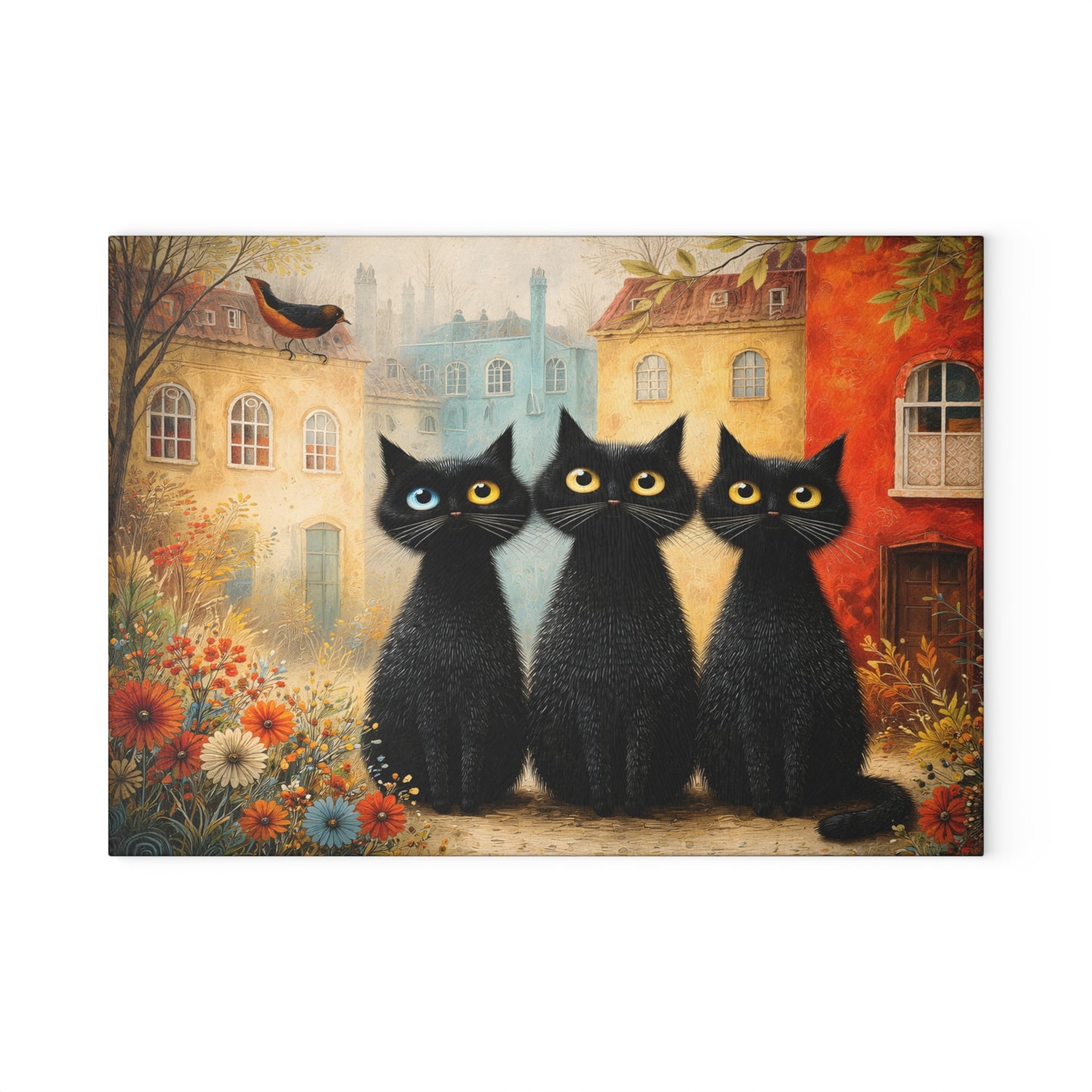 Whimsical Black Cat Glass Cutting Board – Storybook Village Cat Art Kitchen Decor