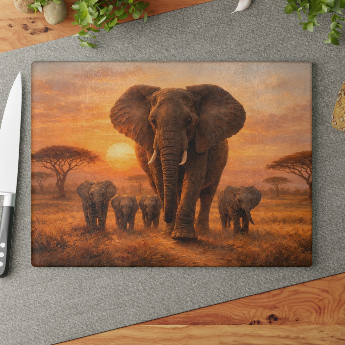 Elephant Family Sunset Safari Glass Cutting Board – Majestic Wildlife Landscape Kitchen Art