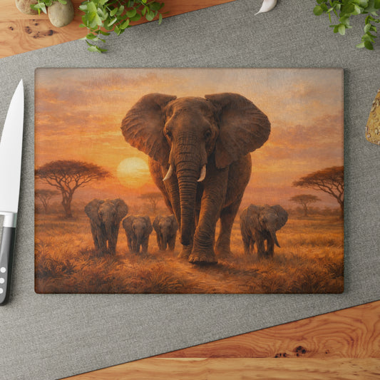 Elephant Family Sunset Safari Glass Cutting Board – Majestic Wildlife Landscape Kitchen Art