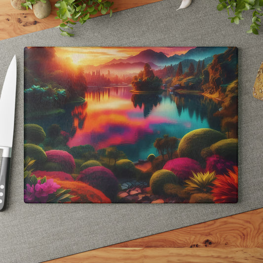 Tabla de cortar de vidrio Sunset Garden Serenity: vista al lago de ensueño para cocinas artísticas