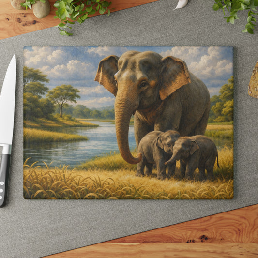 Elephant Family River Meadow Glass Cutting Board – Peaceful Wildlife Landscape Kitchen Art