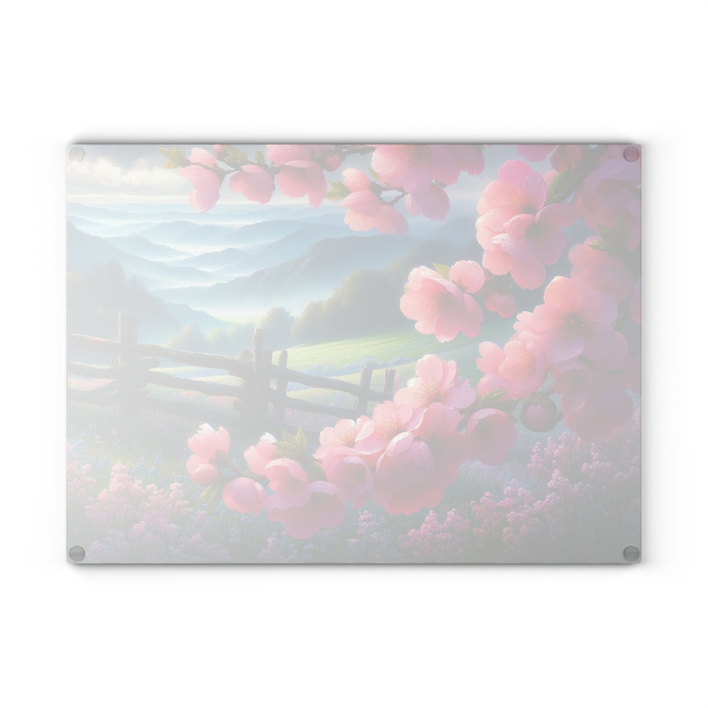 Cherry Blossom Mountain Meadow Glass Cutting Board – Spring Floral Landscape Kitchen Display