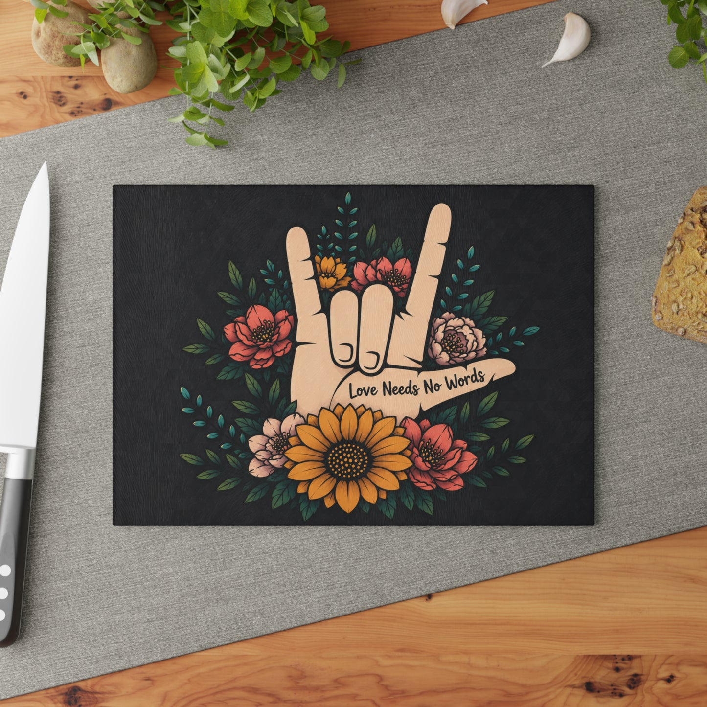 Love Needs No Words Glass Cutting Board – Floral ASL Hand Design