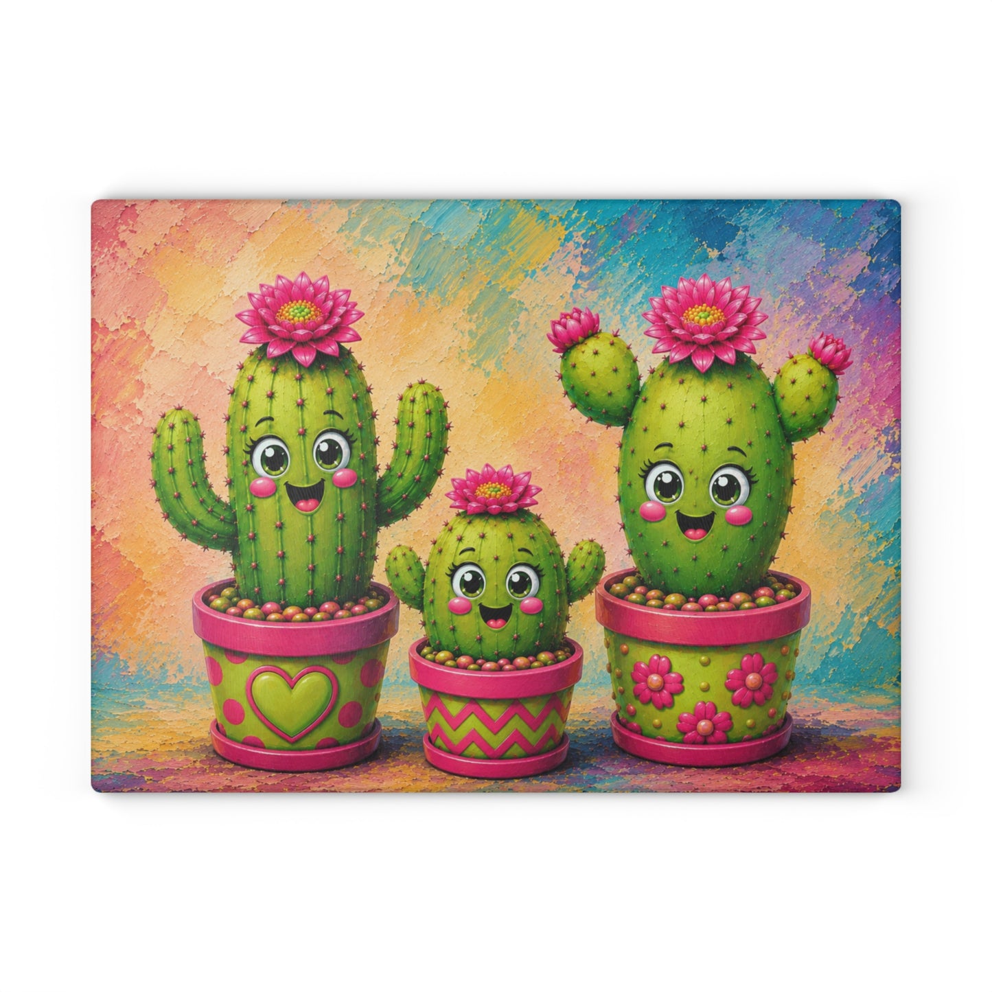 Smiling Cactus Family Glass Cutting Board – Cute Whimsical Desert Plant Artwork with Colorful Flower Pots