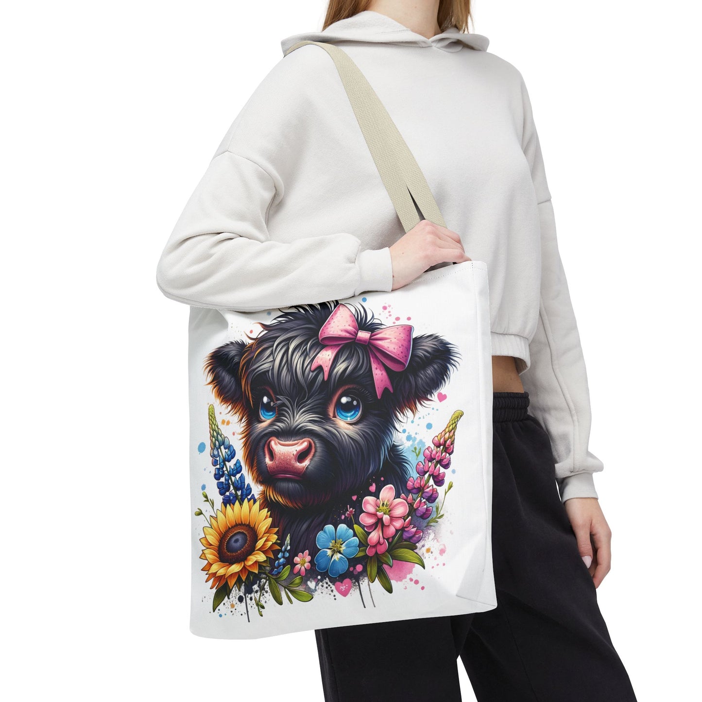 🌸 Black Highland Calf Floral Tote Bag – Sweet Style for Every Age 🐮👜