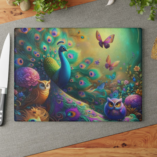 🦚 Whimsical Peacock Forest Cutting Board – Magical Birds & Blooming Feathers