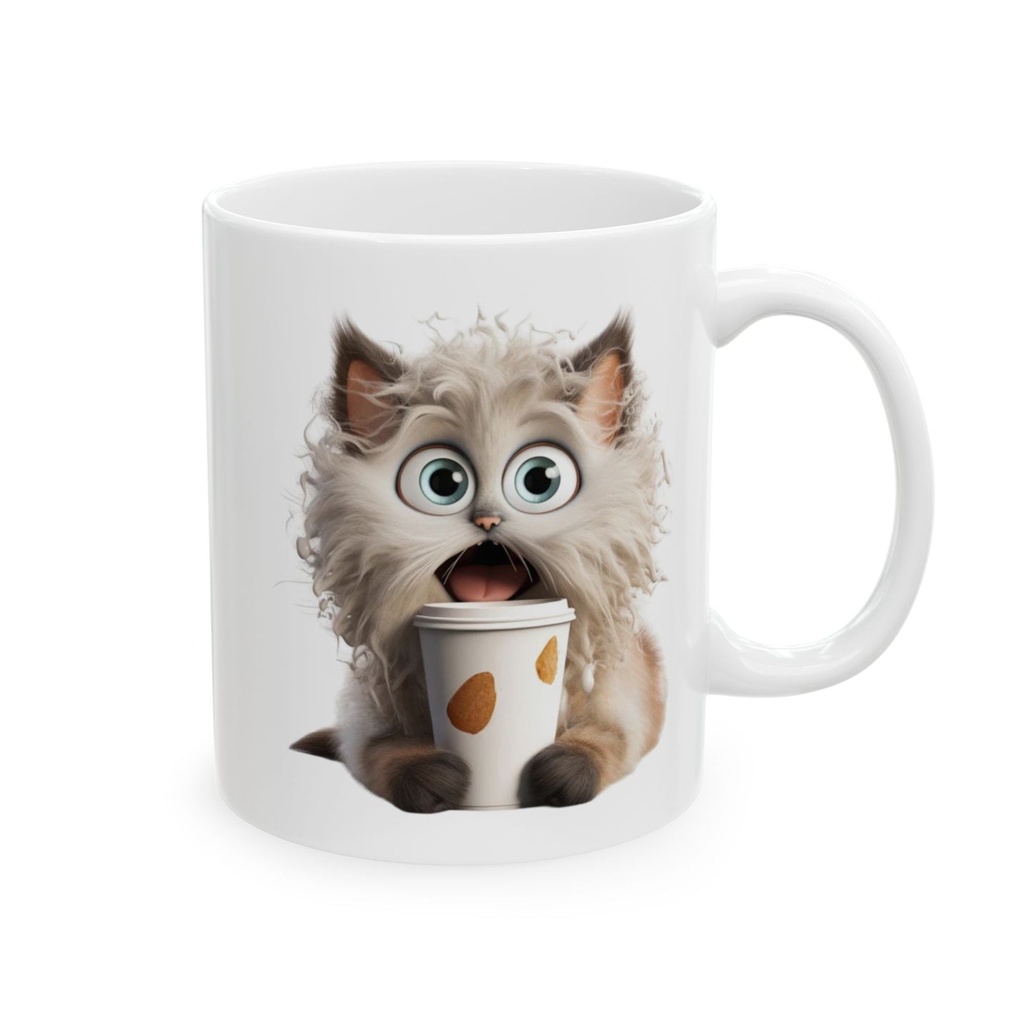 Fluffy Cat Coffee Mug – Funny Surprised Cat Holding a Coffee Cup – Personalized