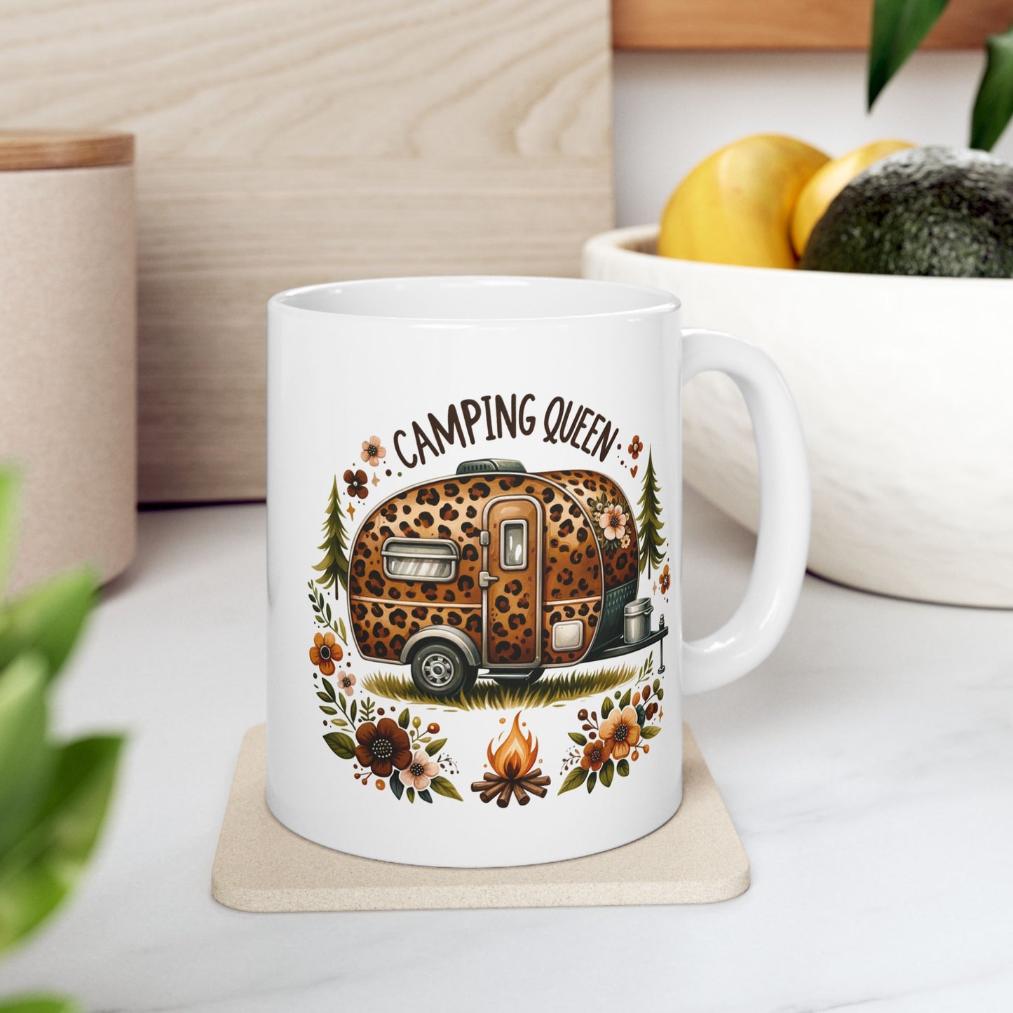 🏕️ Camping Queen – Leopard Print Camper Coffee Mug 🌸