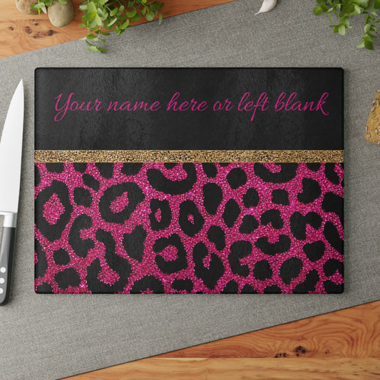 Personalized Pink Leopard Print Glass Cutting Board