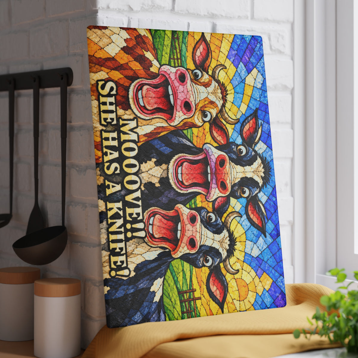 Mooove! She Has a Knife! Funny Cow Stained-Glass-Inspired Glass Cutting Board