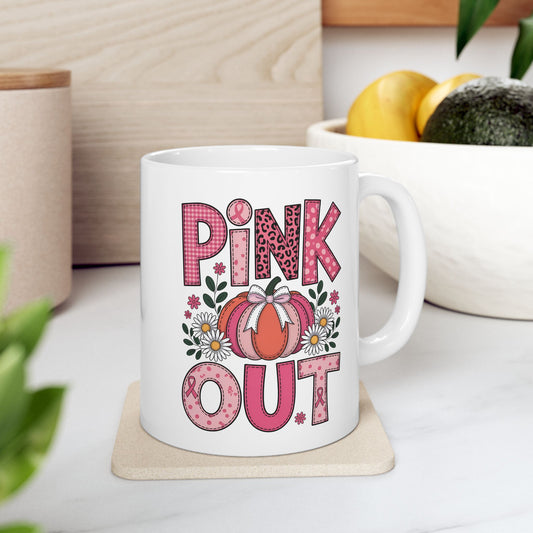 🎀🎃 Pink Out Mug – Fall Pumpkin Breast Cancer Awareness Coffee Cup 💗