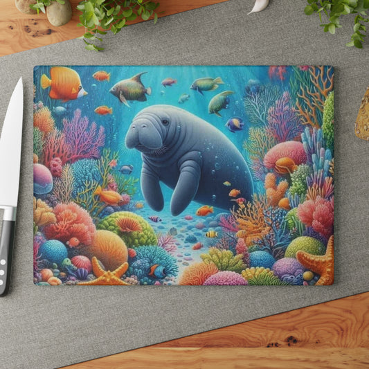 Tabla de cortar de manatí, vidrio texturizado, decoración de cocina de primavera de Florida, regalo para el hogar costero, inauguración de la casa en la playa, amante de los manatíes, arte marino, náutico