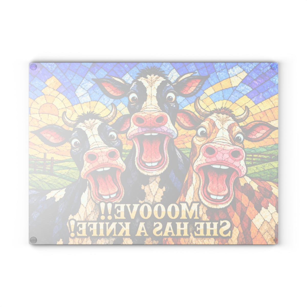 Mooove! She Has a Knife! Funny Cow Stained-Glass-Inspired Glass Cutting Board