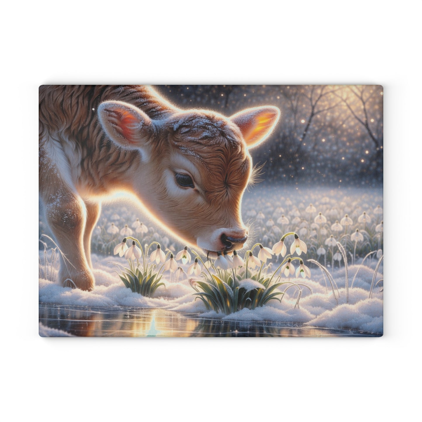 Frosted Meadow Calf Glass Cutting Board – Whimsical Winter Farm Art
