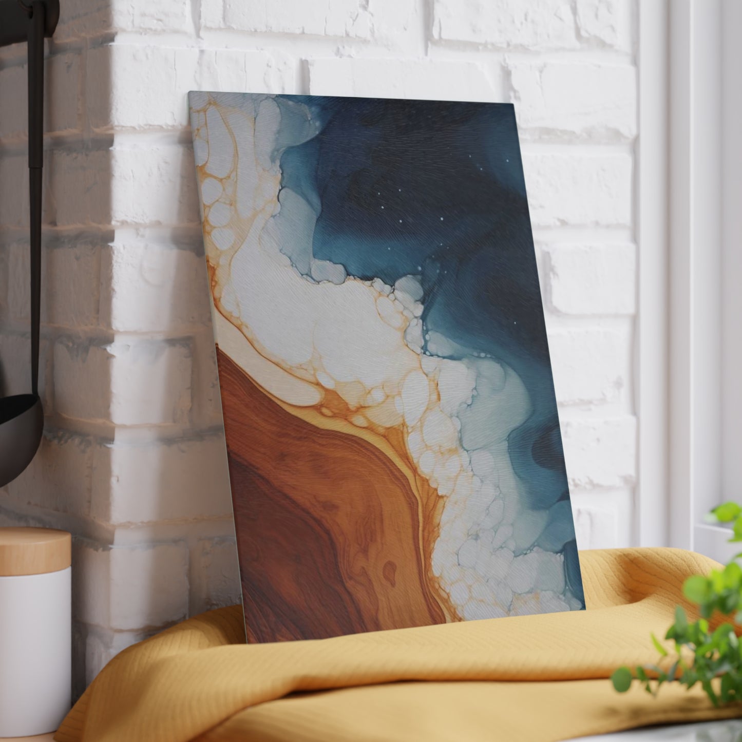 Tabla de cortar de vidrio templado con efecto mármol, imitación madera, azul verdoso y blanco: cocina rústica de estilo elegante