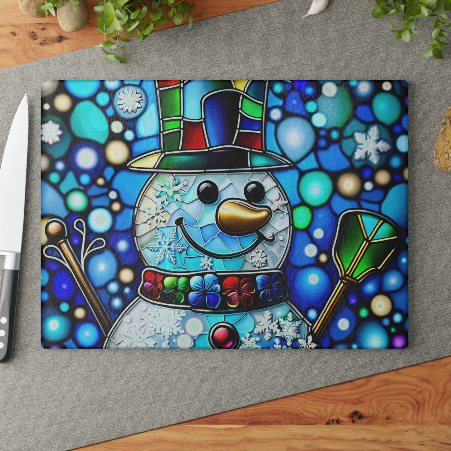 ☃️ Stained Glass-Style Snowman Cutting Board – Festive Elegance for Your Holiday Kitchen ❄️