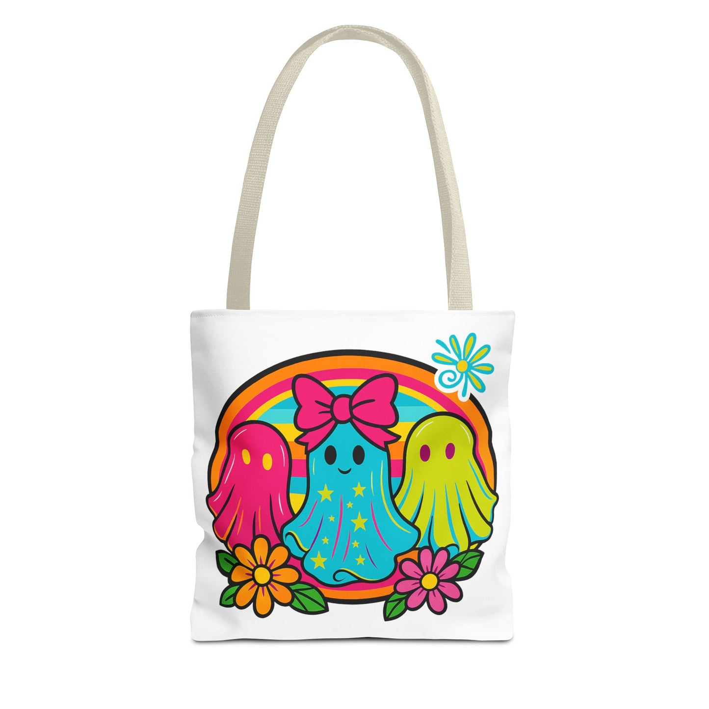 🌈 Retro Rainbow Ghosts Tote Bag – Groovy Spooky Fun 👻👜