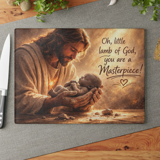 Oh, Little Lamb of God Glass Cutting Board – Faith-Inspired Artwork with Tender Light