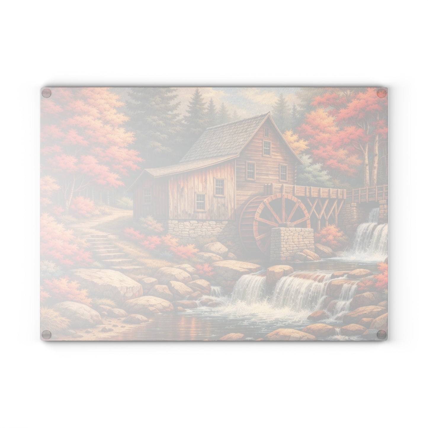 Autumn Watermill Cottage Glass Cutting Board – Rustic Fall Waterfall Kitchen Art