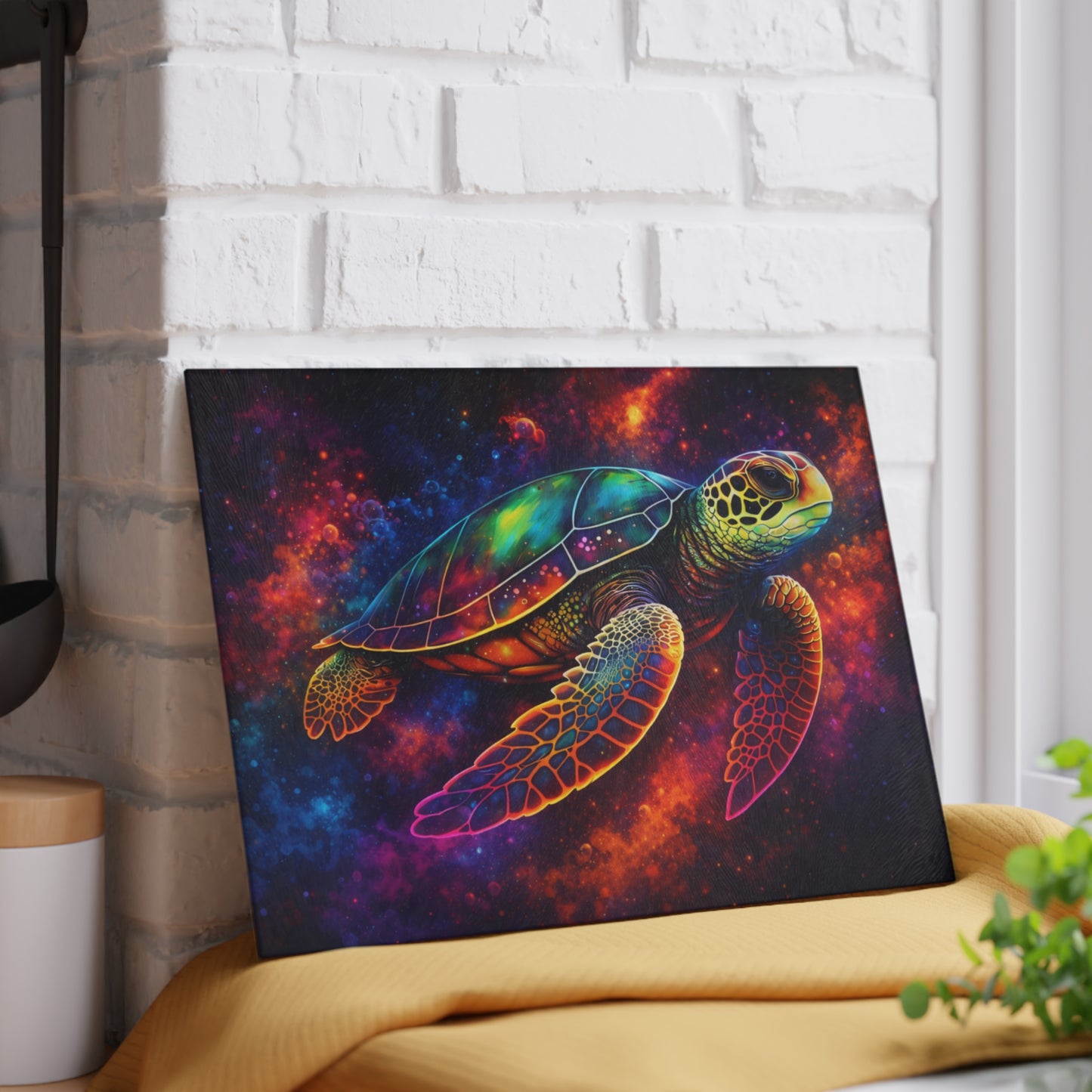 Cosmic Journey Glass Cutting Board – Vibrant Space Turtle Artwork