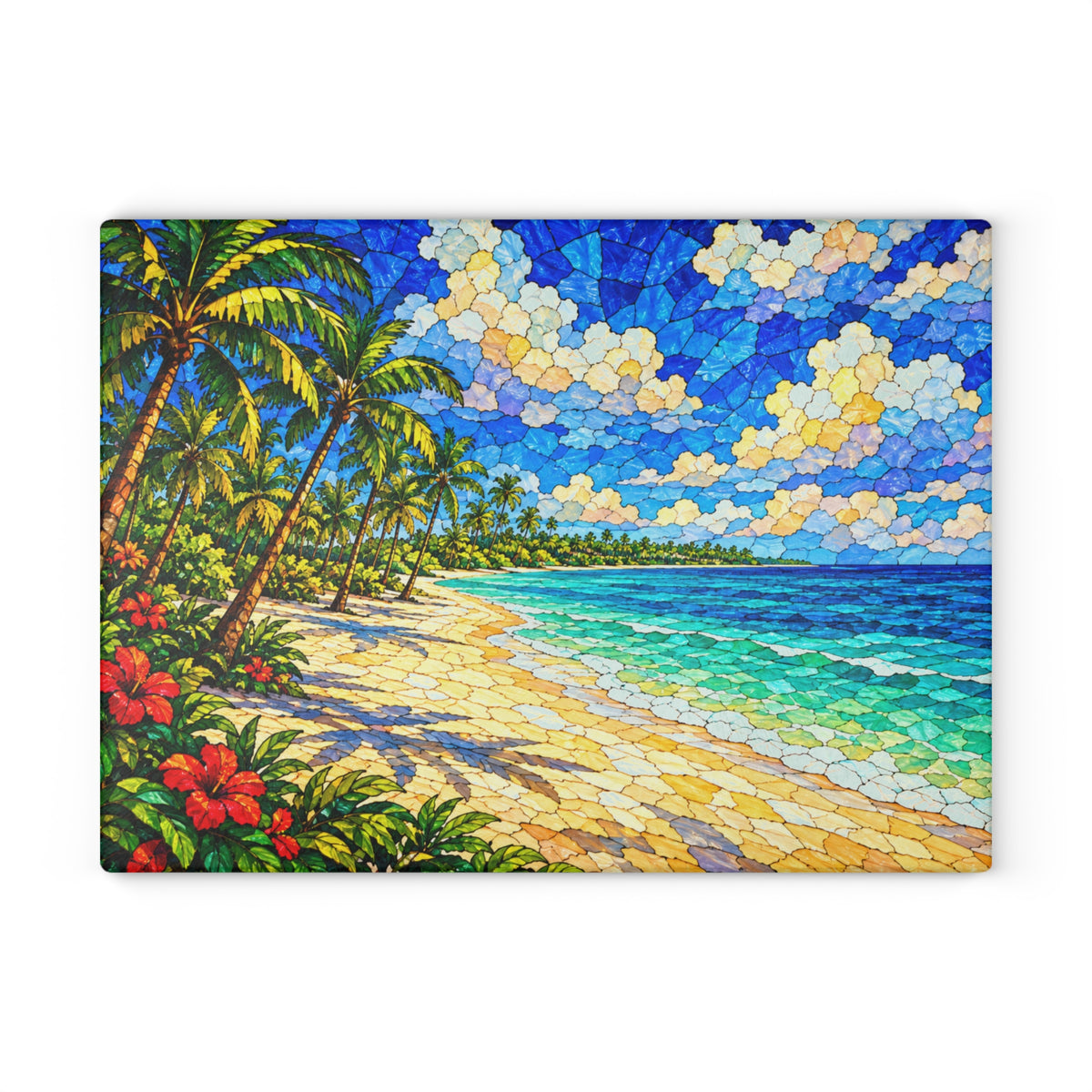Tropical Paradise Stained-Glass-Inspired Glass Cutting Board – Palm Tree Beach Kitchen Decor