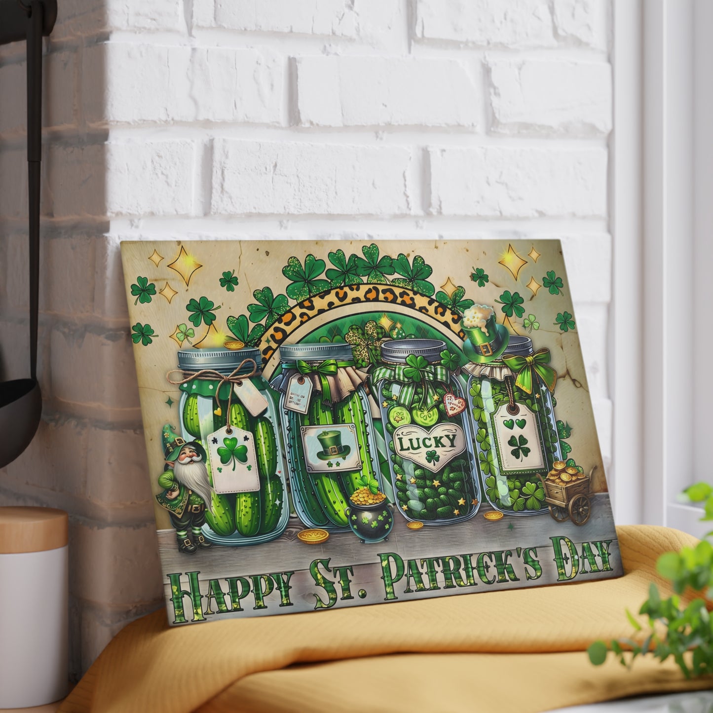 Lucky Shamrock Jars Glass Cutting Board – St. Patrick’s Day Kitchen Décor