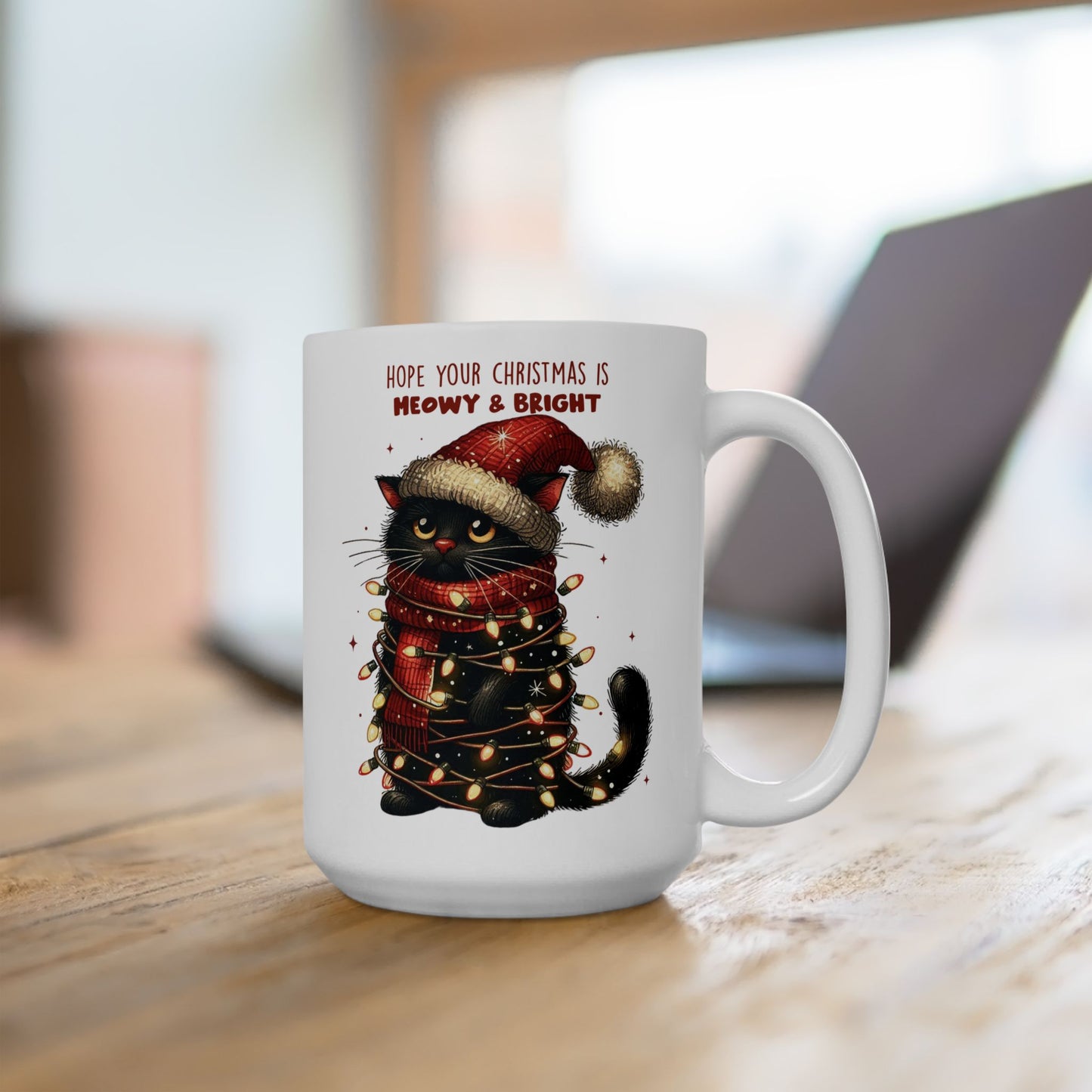 🐾🎄 Meowy & Bright Cat Christmas Mug – Festive Black Cat with Lights & Sass 🎅✨